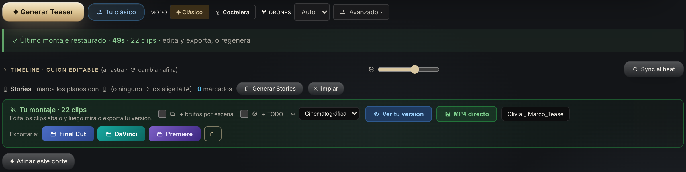 Panel de generación de WedCut: Generar Teaser, modos Clásico y Coctelera, timeline con guion editable, Stories y export directo a MP4